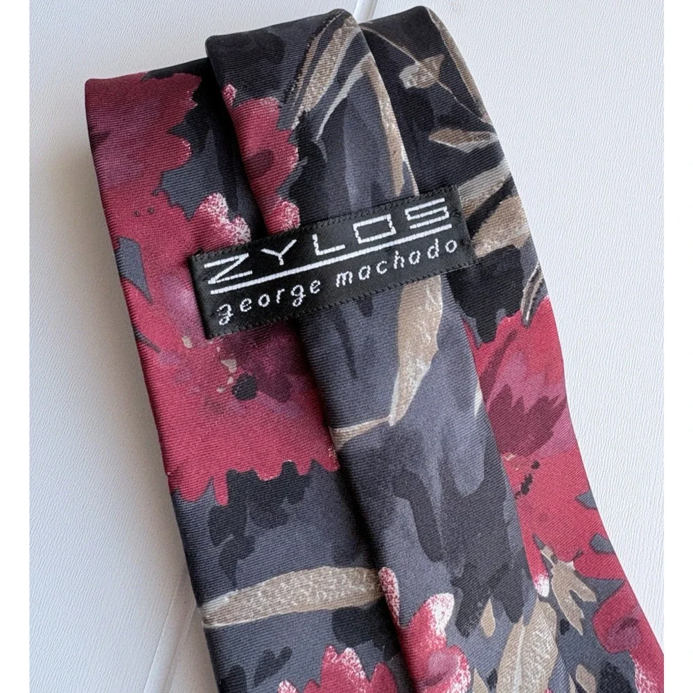 ZYLOS George Machado 100% Italian Silk Tie Abstract Watercolor Floral Red Black